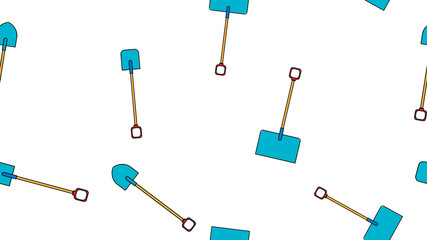 Seamless pattern of construction icons of aggro-beautiful snow bayonet, shovels with wooden handles for digging the ground, snow removal. Garden tools on a blue background. illustration