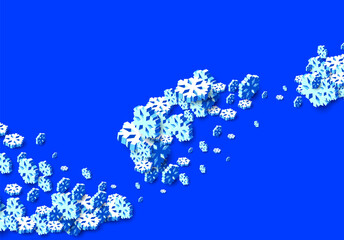 Obraz na płótnie Canvas Winter background with snowstorm and sprayed snowflakes for New Years Eve holidays or abstract Christmas greeting card. 3D isometric vector Xmas snowflake shapes.