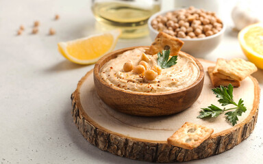 hummus in a wooden plate, chickpeas, croutons. Dishes of chickpeas, a vegetarian dish. Copy space.