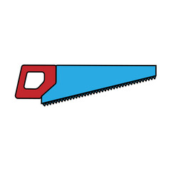 Acute construction blue and red metal icon of a hand saw, wood saws with prongs and a handle for cutting wood. Construction tool. illustration