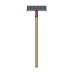 Construction yellow and red icon of an agricultural rake by a wooden handle intended for cleaning leaves. Construction tool. 