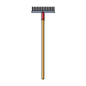 Construction yellow and red icon of an agricultural rake by a wooden handle intended for cleaning leaves. Construction tool. 