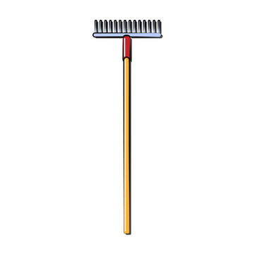 Construction yellow and red icon of an agricultural rake by a wooden handle intended for cleaning leaves. Construction tool. illustration