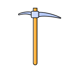 Construction, miner's blue icon of a metal pickaxe with a wooden handle for digging earth, ore, gold mining, and minerals for repair. Construction metalwork tool.