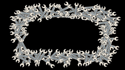 Frame made of metal blue blue gas wrenches for locksmith construction repair for loosening and tightening nuts and bolts on a black background.  illustration