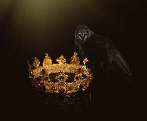 Fantasy world. Black crow lit by magic light sitting on golden crown