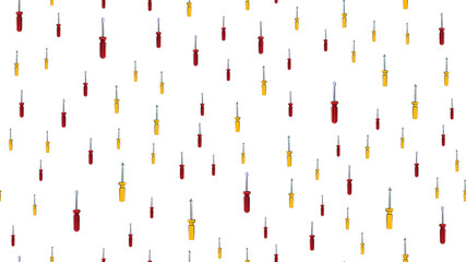 Fototapeta na wymiar Texture, seamless abstract pattern of metal construction plastic yellow and red screwdrivers for repair, tool on white background. illustration