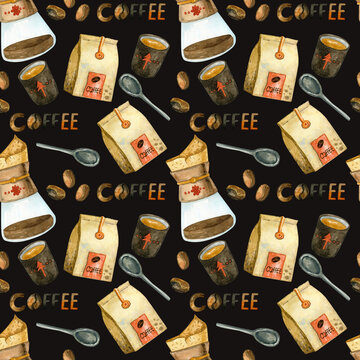 Watercolor seamless patterny coffee elements on black background. Hand  retro coffee grinders, coffee cups, coffee jar,coffee maker. Paris breakfast.