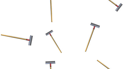 Texture, seamless abstract pattern of building garden metal wooden rake with barbs for repair, tool for cleaning grass and foliage on a white background.  illustration