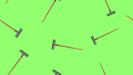 Texture, seamless abstract pattern of building garden metal wooden rake with barbs for repair, grass and foliage harvesting tool on green grass background.  illustration