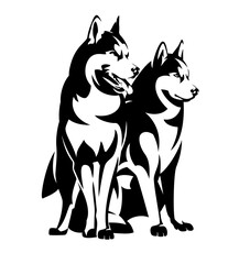 two siberian husky dogs black and white vector outline - sitting and standing purebred animal group