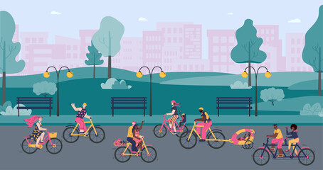 People riding bicycle outdoors in summer city park landscape - cartoon banner with young couples and parents on bike ride on urban cityscape, vector illustration.