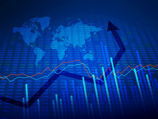 finance, economy abstract blue background with world map, stock market background