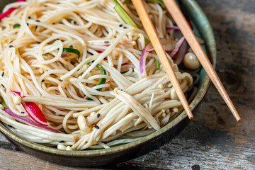 rice noodles vegetables Enoki cellophane pasta Miso Ramen soup funchose pho seafood ready to eat on the table mushrooms Enokitake meal top view copy space for text food background