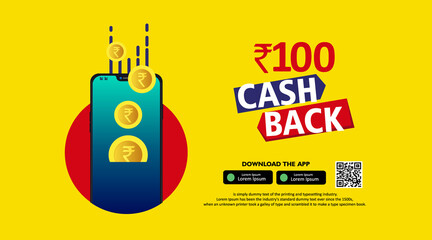 Naklejka premium download the app and get cash back, promotional advertisement design, banner template vector illustration, mobile phone with rupee symbol