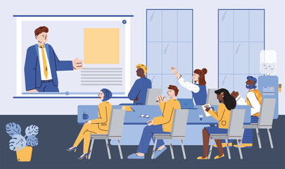 Distant meeting of company leader and employees at business training, presentation, seminar. Coach speaker speaks online conference for people lecture listeners. Vector illustration