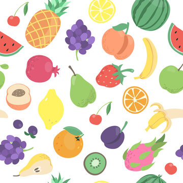 Fruits pattern. Seamless tropical doodle fruits and berries, avocado, watermelon, orange, dragon fruit, qiwi