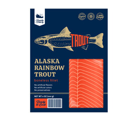 Obraz na płótnie Canvas Vector trout packaging design concept. Modern style seafood illustration. Raw trout fillet in a package isolated on a white background