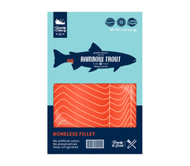 Vector trout packaging design. Flat style seafood label. Raw trout fillet in a package isolated on a white background