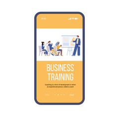 Mobile app interface on phone screen with business training or corporate seminar for company leaders or employees. Conference or education with coach speaker. Vector illustration