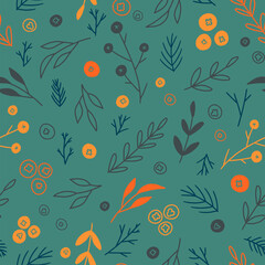 Floral hand drawn vector seamless pattern. Abstract background with branches, berry, plants. Colorful wallpaper in doodles style. Simple botanical design for print, wrap, card, textile, fabric, decor.