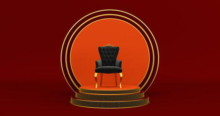 3D render of black Chair King on podium, Gold round podium with throne,