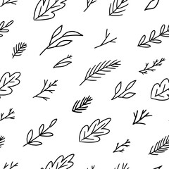 Floral hand drawn vector seamless pattern. Abstract background with branches, leaves. Black contour wallpaper in doodles style. Simple botanical design for print, wrap, card, textile, fabric, decor.