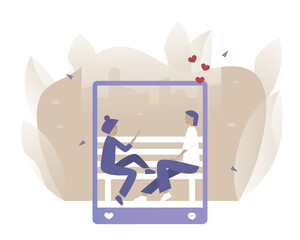 Social media frame. Man sit with a girl at park.  Vector illustration with Web communication idea for telework, remote working, social media, business, finance, and start up
