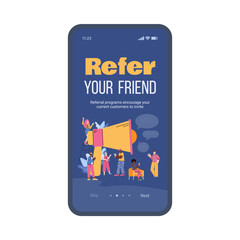 Obraz premium Mobile app on phone screen with shout in megaphone - refer your friend. Teamwork in marketing and business, sharing info between friends or colleagues. Vector flat illustration.