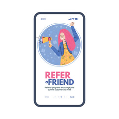 Onboarding screen design for refer a friend marketing campaign, flat cartoon vector illustration isolated on white background. Referral page of mobile application.