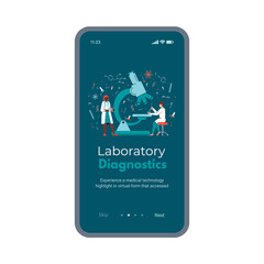 Laboratory diagnostics onboarding page template with scientists in laboratory, flat vector illustration on dark background. Medical laboratory diagnosis application.