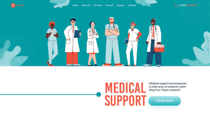 Vector design web page with concept of medical support, consultation and help distance or in hospital. Professional people doctors and nurses make research and analysis for patients