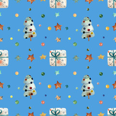 Watercolor hand-drawn seamless pattern with christmas trees, gifts, little stars and confetti on blue background.  Perfect for gift wrap, wallpaper, scrapbooking.