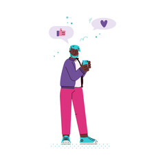 Refer your friend program. Referral marketing, business and sharing news. Man with mobile phone in hand send network messages to friends and colleagues. Vector isolated illustration