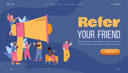 Website banner of referral marketing campaign with cartoon people and huge loudspeaker, flat cartoon vector illustration. Web landing page template of referral program.