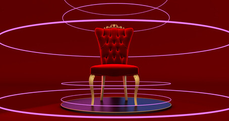 Fototapeta na wymiar 3D render of red Chair King on podium, Gold round podium with throne, Glowing circle