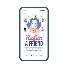 Mobile app on phone screen with concept of referral marketing, business and program refer a friend. Network messages to friends or colleagues for sharing news. Vector illustration.