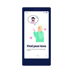 Mobile page onboarding design for virtual dating application with cartoon people, flat vector illustration on white background. Online finding a partner for relationship.
