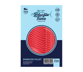 Fototapeta premium Vector tuna packaging design concept. Modern style seafood packaging illustration. Tuna fillet in a package isolated on a white background