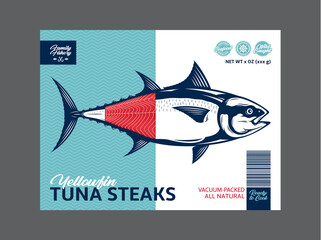 Vector tuna packaging or label design. Modern style seafood label. Tuna fish illustration
