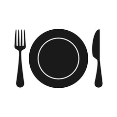 Fork, plate and knife isolated vector illustration. Cooking tools silhouette.