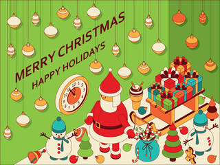 Christmas background with isometric cute toys. Funny Santa Claus and sled with gifts