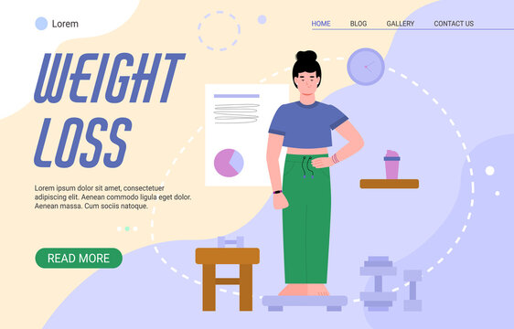 Weight loss webpage concept for nutritionist or dietitian with woman standing on scale, cartoon vector illustration. Landing page template for nutritionists services.