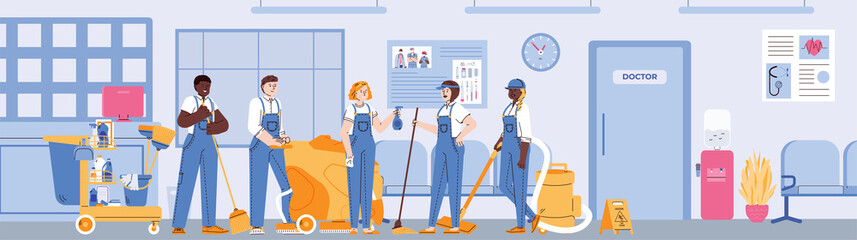 Cleaning company staff characters with cleaning equipment in trendy flat design, cartoon vector illustration. Friendly janitor workers men and women in uniform.