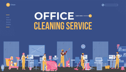 Office cleaning service website banner template with cleaning staff working in office, cartoon flat vector illustration. Cleaning services for businesses and companies.
