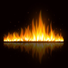 Realistic colorful image line bon fire flame with horizontal reflection smoke and sparks