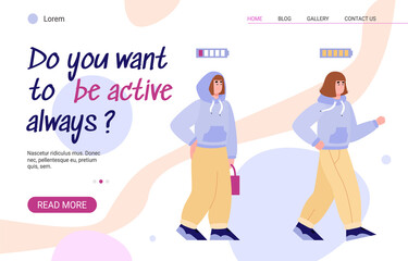 Web page design featuring active and tired person, flat cartoon vector illustration. Energetic and exhausted character in web design for energising programs or products.