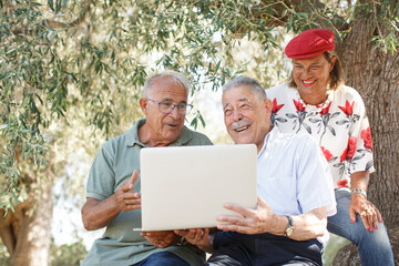 tre anziani fanno una ricerca su un portatile mentre stanno in relax seduti sotto un ulivo secolare