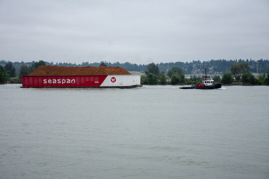 A Tugboat pulling a Seaspan barge in New Westminster, British Columbia, Canada looking from the Quay in the Fraser River near Surrey