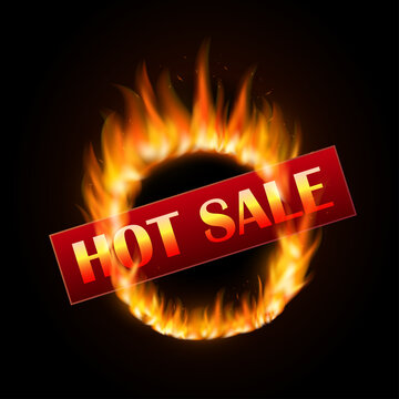 Fiery sale design template with burning ring on black backgroud. Hot sale design with fire
